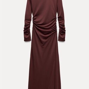 Zara Brown Ruched Asymmetrical Long Sleeve Dress